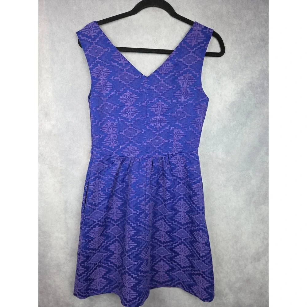 Anthropologie Maeve Averie Blue Jacquard Fit & Flare Sleeveless Dress Sz 2